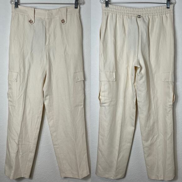 Twinset Linen Twill Cargo Trousers Ivory Cotton & Linen Pants, size IT 44/US M - Picture 1 of 9